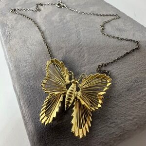 Vtg Gold Tone Wire Wrap Butterfly Necklace Statement Whimsy Fairy Cottagecore